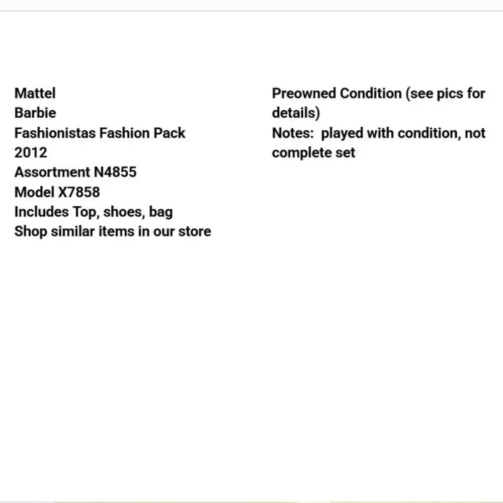 Barbie Fashionistas Fashion Pack 2012 Assortment N4855 Model X7858 Mattel